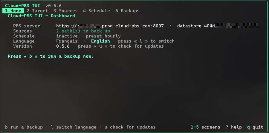 Cloud-PBS TUI Home screen: a summary of the current configuration.