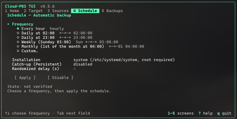 Schedule screen: choosing the frequency of automatic backups.