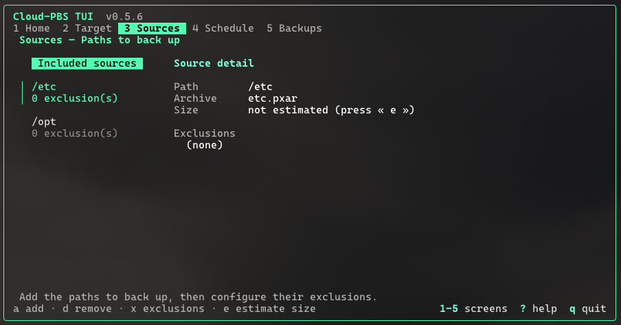 Sources screen: paths to back up and details of the selected source.