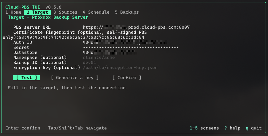 Target screen: PBS server connection form with optional certificate fingerprint.