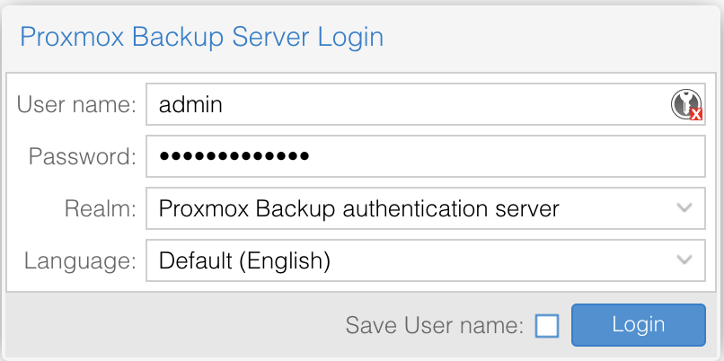 Proxmox Backup Server login form